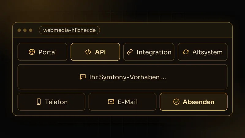 Illustration: Kontaktformular für ein Symfony-Vorhaben: Portal, API, Integration oder Ablösung eines Altsystems