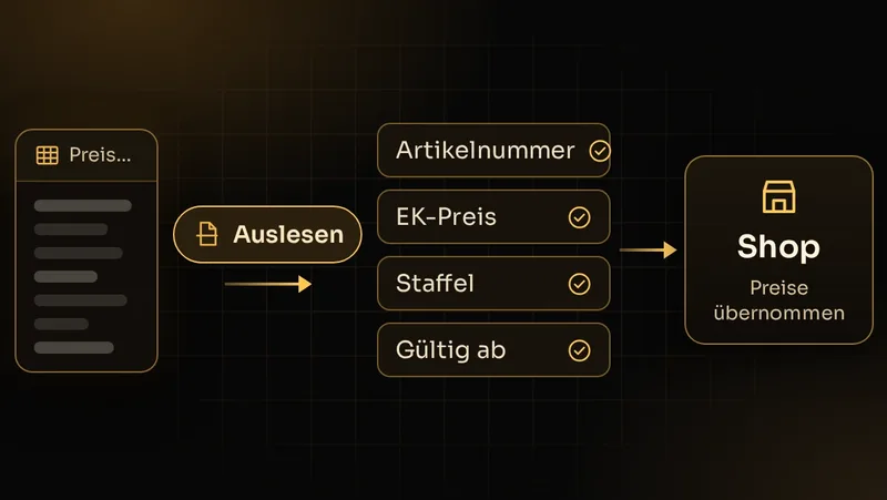 Illustration: Preisliste als Excel wird ausgelesen, Artikelnummer, Preis, Staffel und Gültigkeit geprüft und in den Shop übernommen