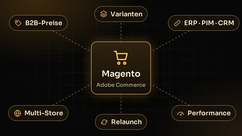 Illustration: Magento im Zentrum mit B2B-Preisen, Varianten, ERP/PIM/CRM, Multi-Store, Relaunch, Performance