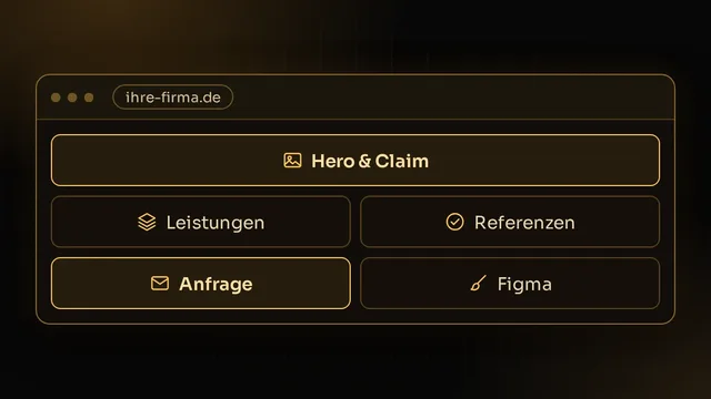 Illustration: In Figma gestaltete Website mit Hero-Bereich, Leistungen, Referenzen und Anfrage-Button