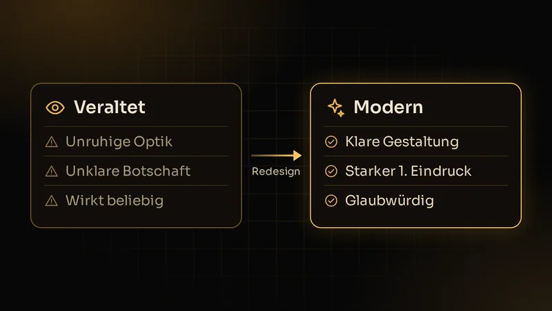 Illustration: Vergleich eines veralteten Auftritts mit moderner Gestaltung, die Eindruck und Glaubwürdigkeit stärkt