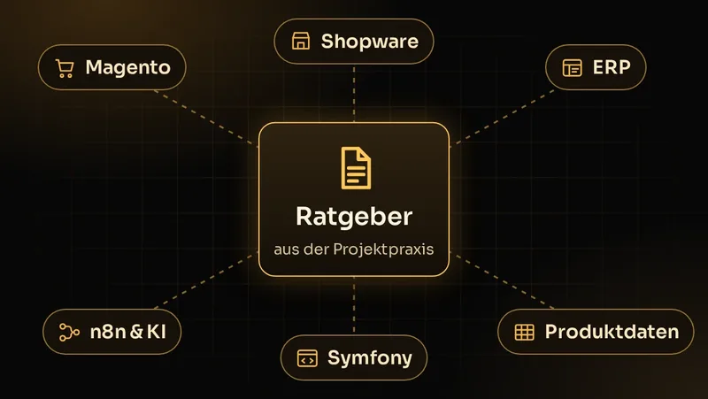 Illustration: Blog-Themen rund um Magento, Shopware, ERP-Anbindung, n8n und KI, Symfony sowie Produktdaten
