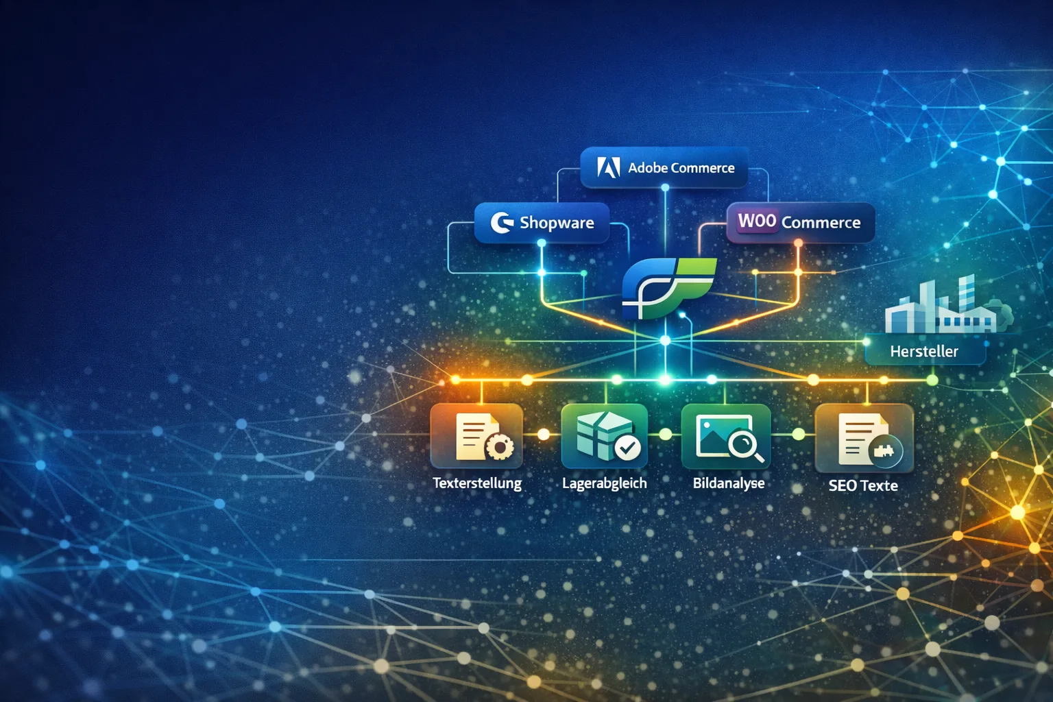 DatenFlow verbindet Herstellerdaten mit Shopware, Adobe Commerce und WooCommerce: Texterstellung, Lagerabgleich, Bildanalyse und SEO-Texte