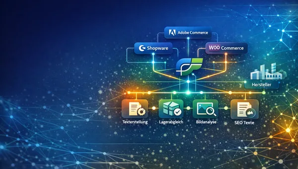 DatenFlow verbindet Herstellerdaten mit Shopware, Adobe Commerce und WooCommerce: Texterstellung, Lagerabgleich, Bildanalyse und SEO-Texte
