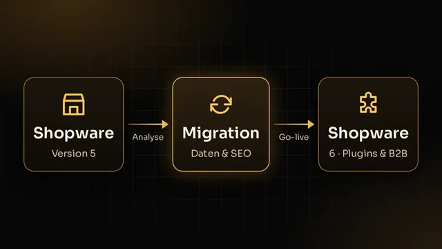 Illustration: Migration von Shopware 5 zu Shopware 6 mit Daten, SEO, Plugins und B2B-Funktionen