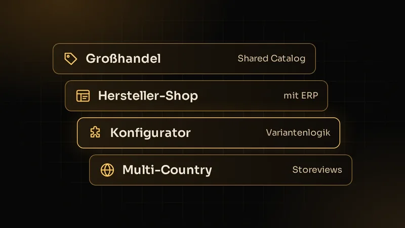 Illustration: Typische B2B-Projekte – Großhandel, Hersteller-Shop mit ERP, Produktkonfigurator, Multi-Country-Plattform