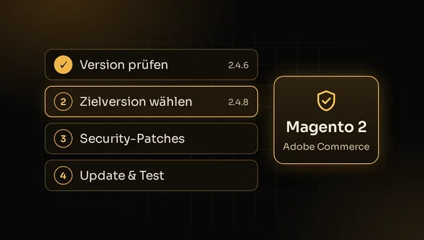 Illustration: Upgrade-Pfad für Adobe Commerce (Magento 2) von 2.4.6 auf 2.4.8 mit Security-Patches und Test