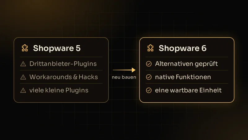Illustration: Plugin-Strategie von Shopware 5 zu 6 – Hacks und viele kleine Plugins werden zu nativen Funktionen