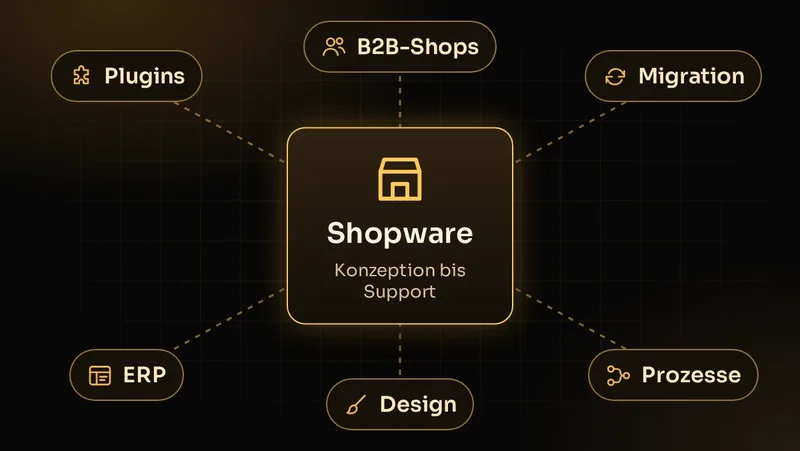 Illustration: Shopware im Zentrum mit Plugins, B2B-Shops, Migration von 5 auf 6, ERP-Anbindung, Design und Prozessen
