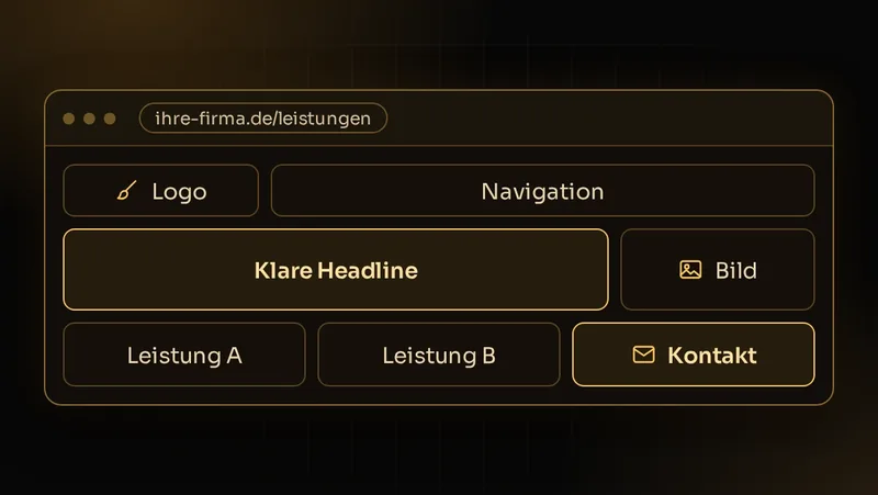 Illustration: Wireframe einer Website mit klarer Navigation, Headline, Inhaltsblöcken und gut sichtbarem Kontakt