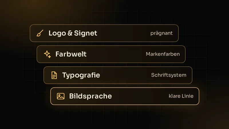 Illustration: Bausteine eines Markenauftritts übereinander: Logo, Farbwelt, Typografie und Bildsprache