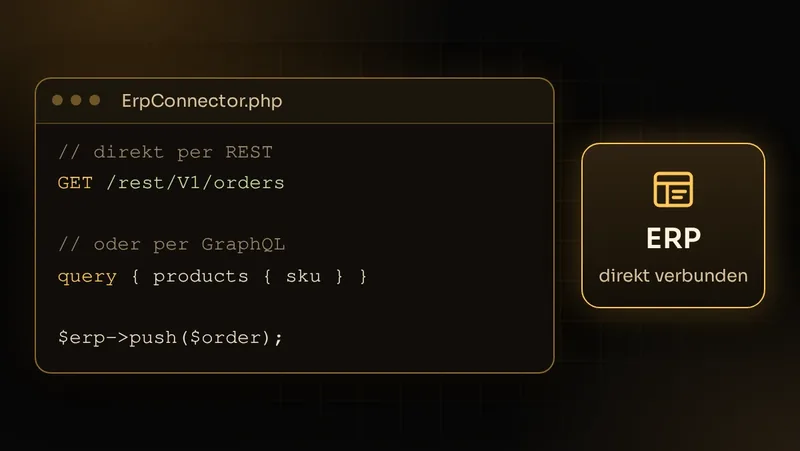 Illustration: Code-Ausschnitt verbindet Magento per REST- oder GraphQL-API direkt mit dem ERP