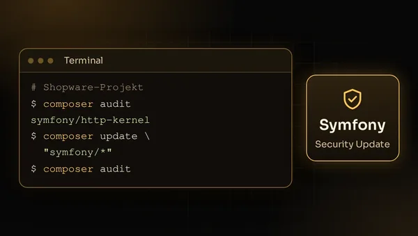 Illustration: Shopware-Projekt im Terminal mit composer audit prüfen und Symfony-Pakete gezielt aktualisieren