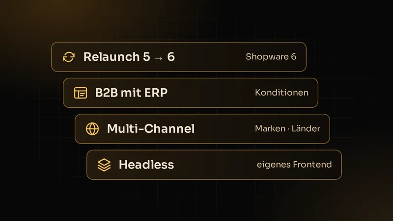 Illustration: Typische Shopware-Projekte – Relaunch von 5 auf 6, B2B mit ERP, Multi-Sales-Channel und Headless