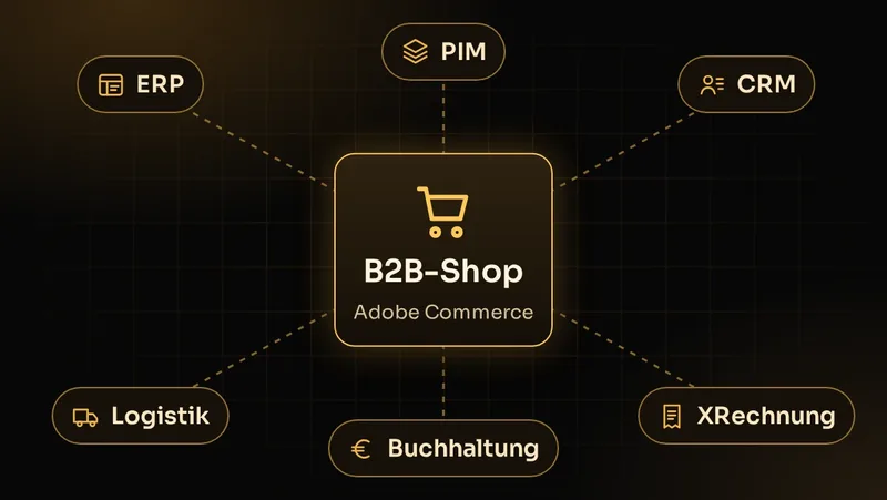 Illustration: B2B-Shop verbunden mit ERP, PIM, CRM, Logistik, Buchhaltung und elektronischer Rechnung