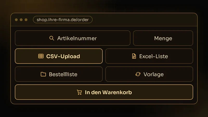 Illustration: Schnellbestellung per Artikelnummer, CSV-/Excel-Upload, Bestelllisten und Vorlagen im B2B-Shop