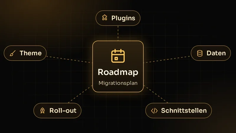Illustration: Migrations-Roadmap mit Entscheidungen zu Plugins, Theme, Daten, Roll-out und Schnittstellen