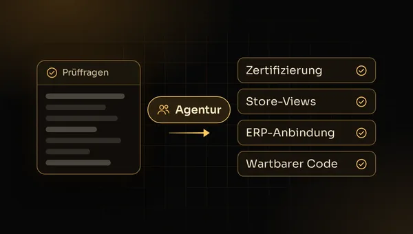 Illustration: Checkliste mit Prüffragen zur Agenturauswahl – Zertifizierung, Store-Views, ERP-Anbindung, Code