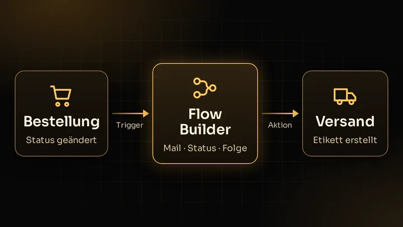 Illustration: Statusänderung einer Bestellung löst im Shopware Flow Builder Mails und automatische Versandetiketten aus