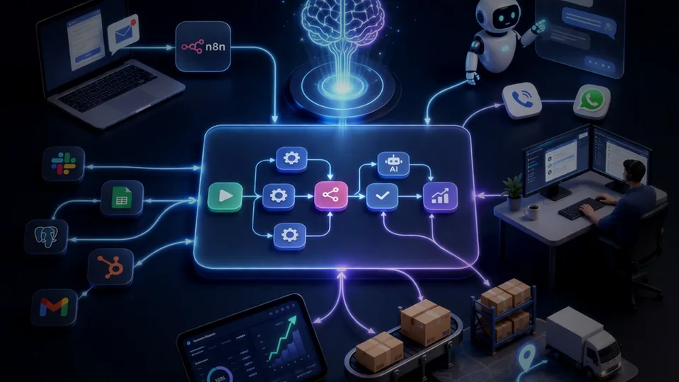 n8n-Workflow orchestriert den Datenfluss zwischen CRM, ERP, Shop und Postfach