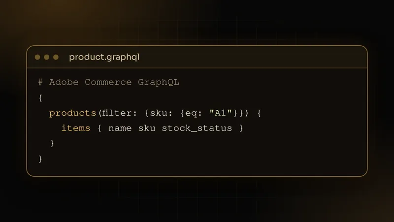 Illustration: GraphQL-Abfrage an Adobe Commerce liest Produktname, SKU und Lagerstatus aus