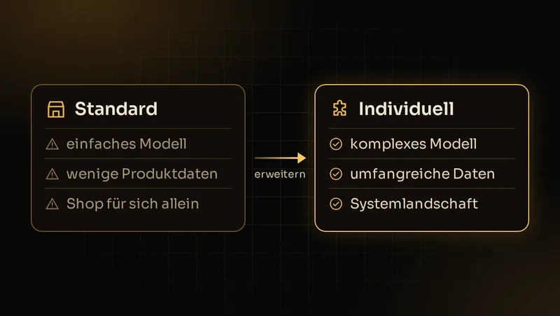 Illustration: Shopware-Standard im Vergleich zu individuellen Lösungen für komplexe Modelle und Systemlandschaften