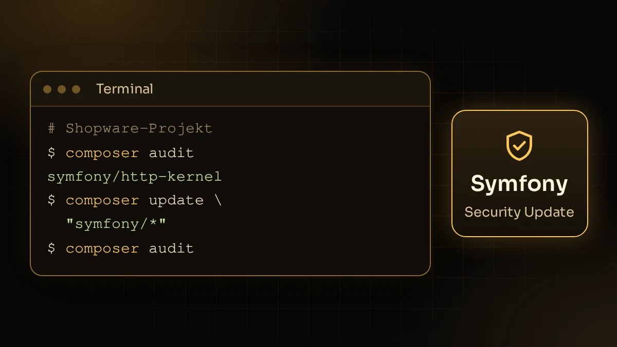 Illustration: Shopware-Projekt im Terminal mit composer audit prüfen und Symfony-Pakete gezielt aktualisieren