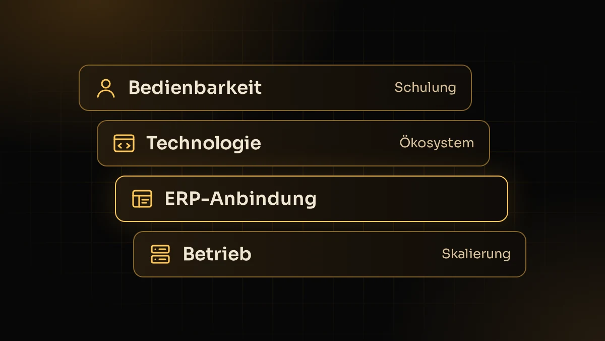 Illustration: Entscheidungskriterien Magento oder Shopware – Bedienbarkeit, Technologie, ERP-Anbindung und Betrieb