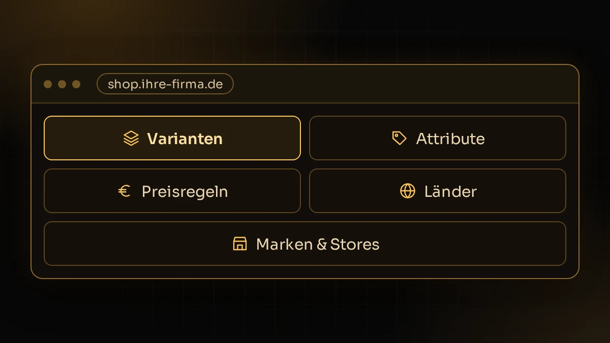 Illustration: Sortiment im Shop mit Varianten, Attributen, Preisregeln, Ländern und Marken als Entscheidungsgrundlage
